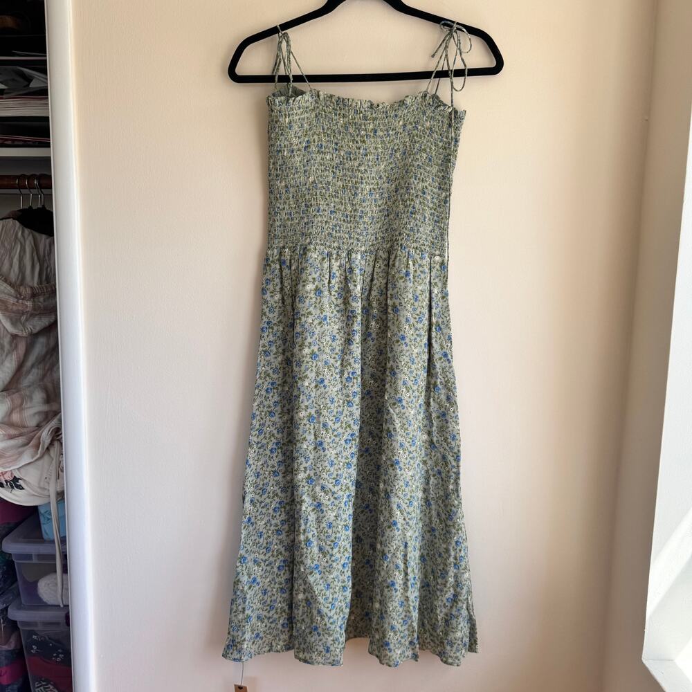 New Reformation Sable Smocked Dress Green Blue Floral Tie Strap Sleeveless Sz L - Picture 10 of 12